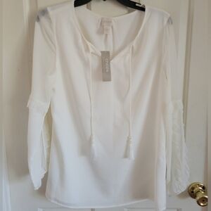NWT Chico's White Ruffled Long-Sleeve Tassel Tie Blouse Size XS